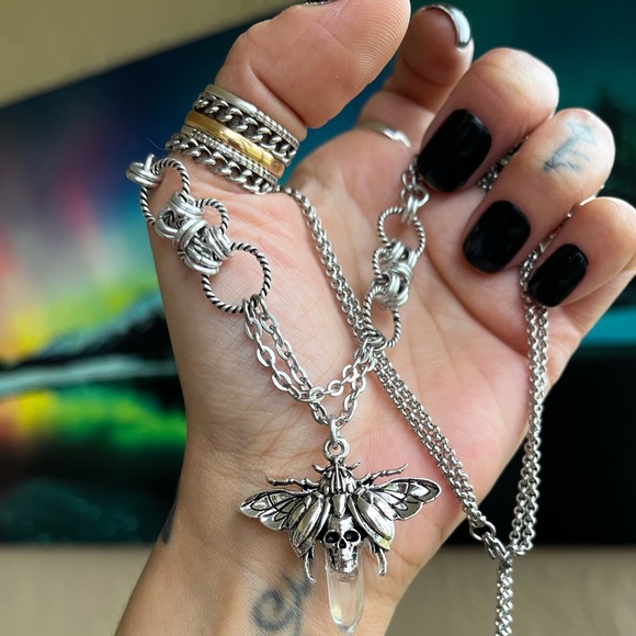 Handmade maille choker necklace moth crystal quartz stainless steel boho goth - Picture 10 of 11